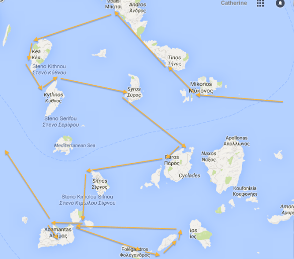 Sea Cloud's route through the Cyclades 2015